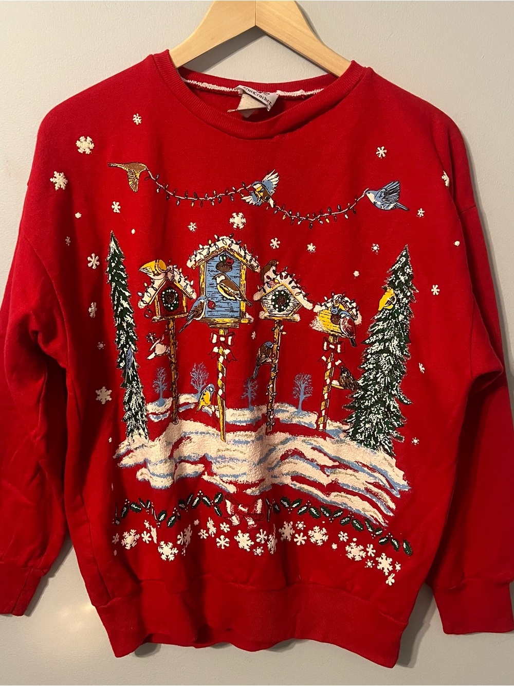 Vintage 90s Christmas Birdhouse Crewneck Women’s M Red Pullover Sweatshirt *READ